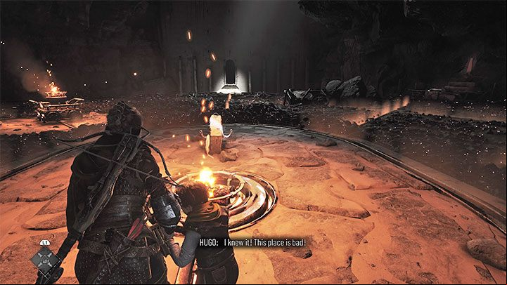 You'll reach a large cavern - start by using an Ignifier on the central bonfire pictured above - Plague Tale Requiem: Chapter 11, Explore the underground area - walkthrough - Chapter 11 - The Cradle of Centuries - A Plague Tale Requiem Guide, Walkthrough