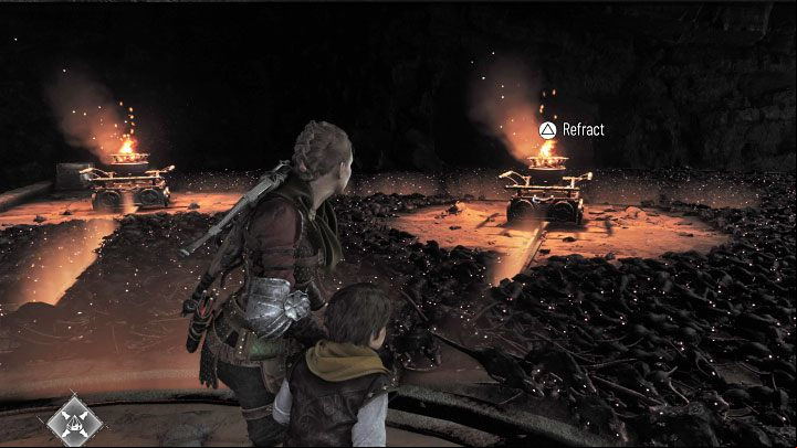 It's time to refract light with the prism again - first reach the central cart pictured above, then the left one - Plague Tale Requiem: Chapter 11, Explore the underground area - walkthrough - Chapter 11 - The Cradle of Centuries - A Plague Tale Requiem Guide, Walkthrough
