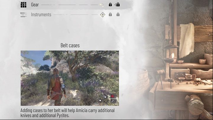 The Belt cases upgrade from the Gear category will enable you to carry more knives - Plague Tale Requiem: How to carry more knives, what are the uses? - FAQ - A Plague Tale Requiem Guide, Walkthrough