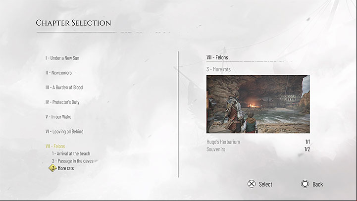When choosing a chapter, you can learn which secrets you have found - Hugo's Herbarium and Souvenirs - Plague Tale Requiem: Is Chapter Select available? - FAQ - A Plague Tale Requiem Guide, Walkthrough