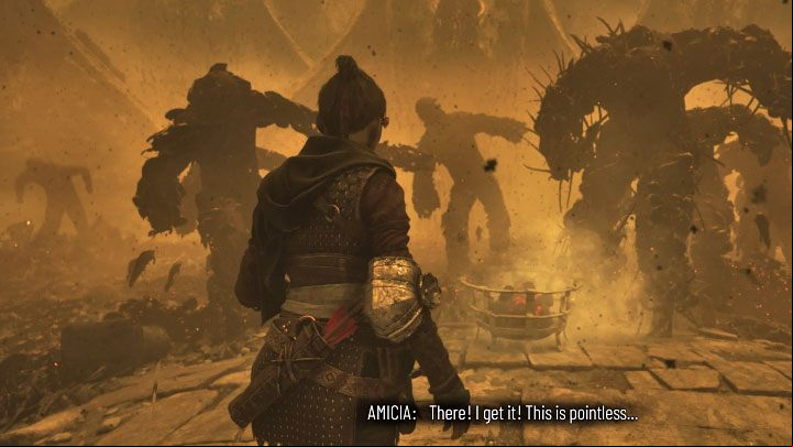 Soon enough you should realise fighting them off is pointless, as the assault does not stop - Plague Tale Requiem: Chapter 16, Final Battle - walkthrough - Chapter 16 - King Hugo - A Plague Tale Requiem Guide, Walkthrough