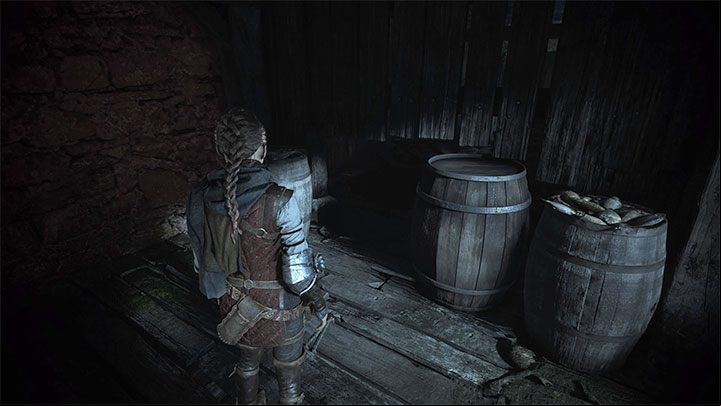 Find a hole by the barrels instead (pictured above) - Plague Tale Requiem: Chapter 4 (Protectors Duty) - list of secrets - Hugo Herbarium and Souvenirs - A Plague Tale Requiem Guide, Walkthrough
