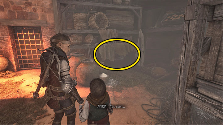 Once inside crouch down and go through the small opening marked in the picture - Plague Tale Requiem: Secret Chests - Chapter 6 (Leaving All Behind) - list, locations - Secret chests - A Plague Tale Requiem Guide, Walkthrough