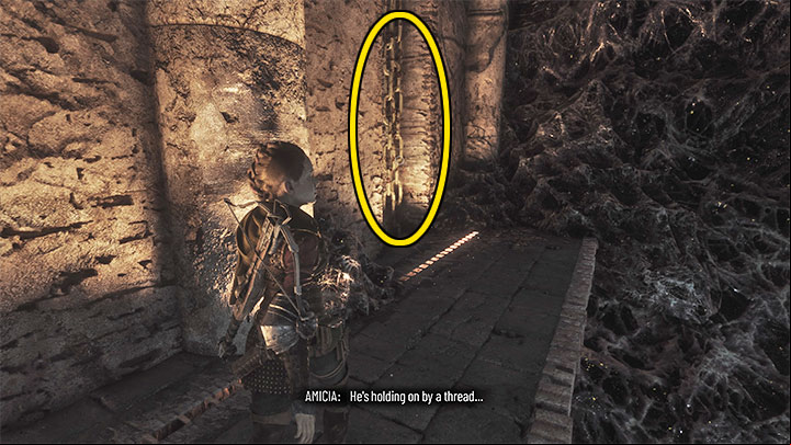 Amicia has to hit the hitch with the slingshot again and lift the second piece of the bridge - Plague Tale Requiem: Secret Chests - Chapter 11 (The Cradle of Centuries) - list, locations - Secret chests - A Plague Tale Requiem Guide, Walkthrough