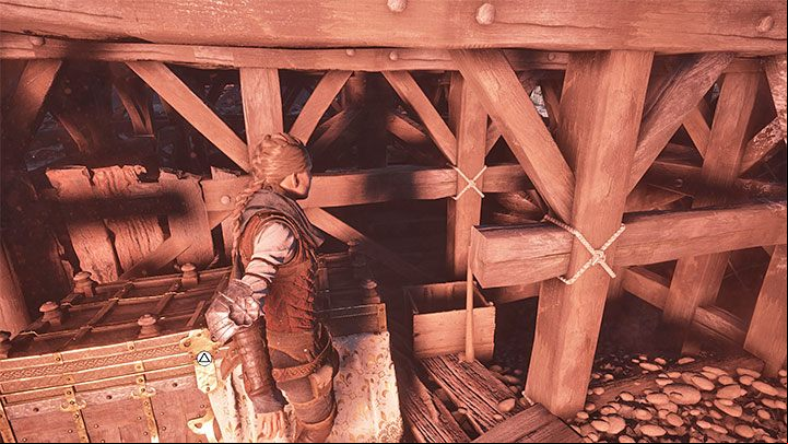 Set fire to some hay, jump down and look for a new secret chest in which you'll find a tool - Plague Tale Requiem: Chapter 5, Find a way to reach the boat - walkthrough - Chapter 5 - In Our Wake - A Plague Tale Requiem Guide, Walkthrough