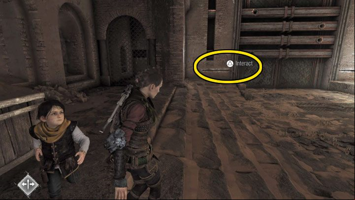 Ask Sophia to use the mechanism to the left of the gate - we marked it in the picture - A Plague Tale Requiem: Chapter 11, Open the gate - walkthrough - Chapter 11 - The Cradle of Centuries - A Plague Tale Requiem Guide, Walkthrough