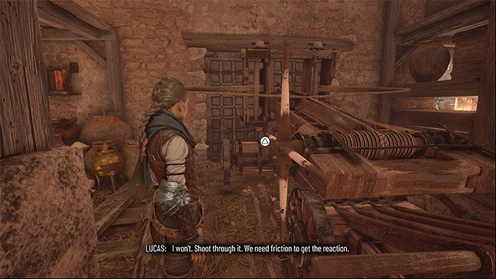 Proceed to push the ballista - it must ultimately stop in front of the barn gate - Plague Tale Requiem: Chapter 3, Escape the fort - walkthrough - Chapter 3 - A Burden of Blood - A Plague Tale Requiem Guide, Walkthrough