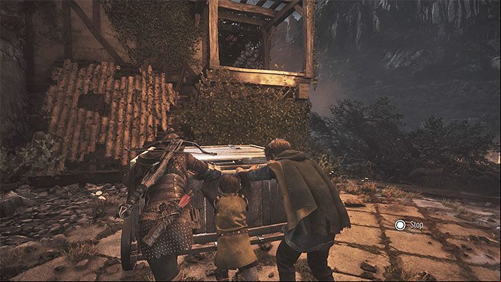 Jump down and this time move the cart towards the right shelf (see the picture) - Plague Tale Requiem: Chapter 13, Reach the port - walkthrough - Chapter 13 - Nothing left - A Plague Tale Requiem Guide, Walkthrough