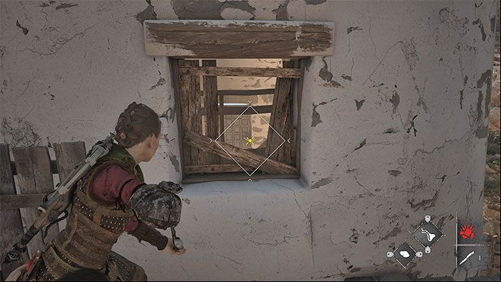 Stand next to the upper opening and shoot the hook on the door with your sling - Plague Tale Requiem: Windmills puzzle in Chapter 9 - how to get the Bracer? - Secrets and Collectibles - A Plague Tale Requiem Guide, Walkthrough