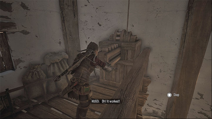 Approach the mechanism and pull it out to start the windmill - Plague Tale Requiem: Windmills puzzle in Chapter 9 - how to get the Bracer? - Secrets and Collectibles - A Plague Tale Requiem Guide, Walkthrough
