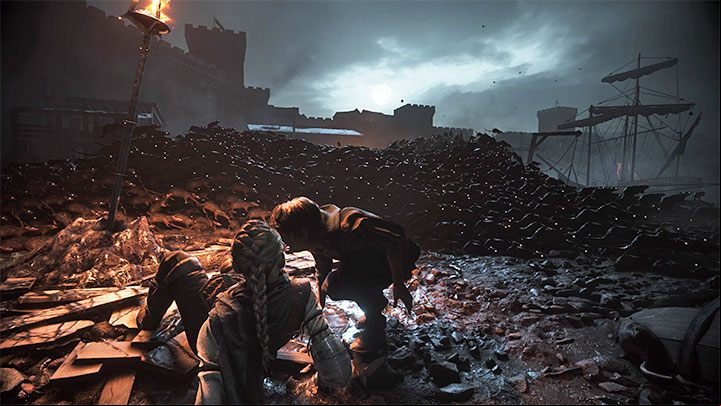 Last thing to do before leaving is to lift the boards - Plague Tale Requiem: Chapter 4, Find the Orders boat - walkthrough - Chapter 4 - Protectors Duty - A Plague Tale Requiem Guide, Walkthrough