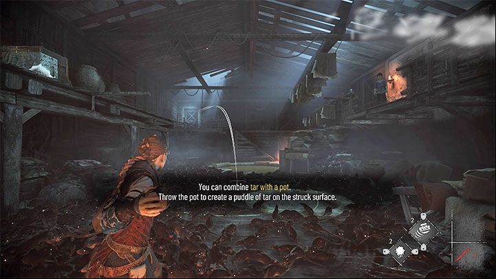 As told, throw the tar pot to the area between two tanks (screenshot above) - Plague Tale Requiem: Chapter 4, Find the Orders boat - walkthrough - Chapter 4 - Protectors Duty - A Plague Tale Requiem Guide, Walkthrough