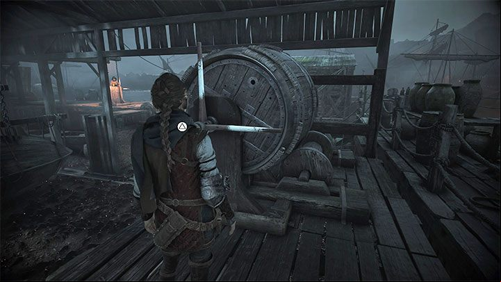 Your ally will use the crank to raise the first boat and bring a platform with a barrel here - Plague Tale Requiem: Chapter 4, Find the Orders boat - walkthrough - Chapter 4 - Protectors Duty - A Plague Tale Requiem Guide, Walkthrough