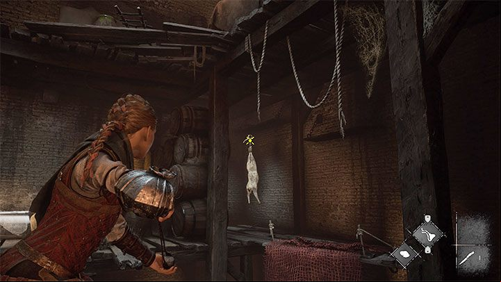 Use the slingshot on the meat hanging in 2 different places - the rats will reach the places where the meat lands - Plague Tale Requiem: Chapter 2, Exit the arenas underground - walkthrough - Chapter 2 - Newcomers - A Plague Tale Requiem Guide, Walkthrough