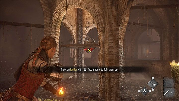 Aim at the glowing coals from the central platform - Plague Tale Requiem: Chapter 2, Exit the arenas underground - walkthrough - Chapter 2 - Newcomers - A Plague Tale Requiem Guide, Walkthrough