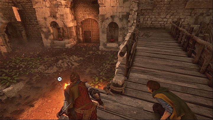 Your destination is the gate under the tower shown in the picture above - it is located at the opposite end of the area - Plague Tale Requiem: Chapter 2, Exit the arenas underground - walkthrough - Chapter 2 - Newcomers - A Plague Tale Requiem Guide, Walkthrough