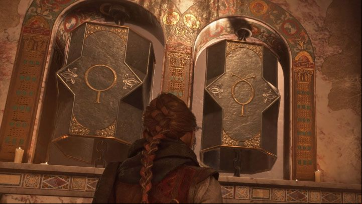 The picture above shows the correct right symbols - Plague Tale Requiem: Chapter 2, Exit the arenas underground - walkthrough - Chapter 2 - Newcomers - A Plague Tale Requiem Guide, Walkthrough