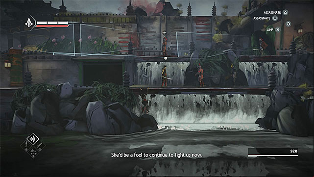 Hang on the edge after you get close to waterfall - Old Friend - walkthrough for sequence 9 - Walkthrough - Assassins Creed Chronicles: China - Game Guide and Walkthrough
