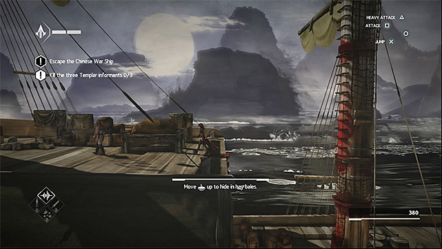 By the single enemy to reach the second (left) mast with synchronization point - The Port - walkthrough for sequence 3 - Walkthrough - Assassins Creed Chronicles: China - Game Guide and Walkthrough
