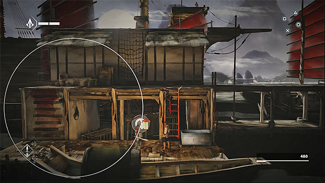 Get out of the haystack and run on the wooden beam to first plan - The Port - walkthrough for sequence 3 - Walkthrough - Assassins Creed Chronicles: China - Game Guide and Walkthrough