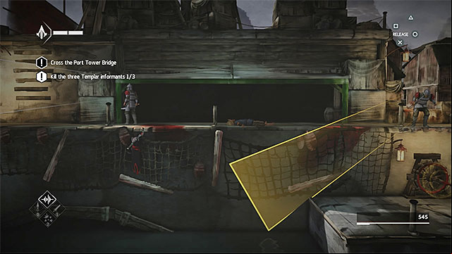 After using the knob move left and wait for the enemy with lantern to resume his normal patrol - The Port - walkthrough for sequence 3 - Walkthrough - Assassins Creed Chronicles: China - Game Guide and Walkthrough