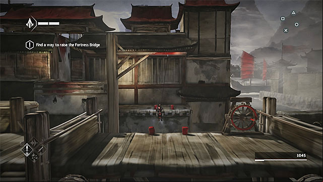 Use rope dart to reach the bascule bridge mechanism - The Port - walkthrough for sequence 3 - Walkthrough - Assassins Creed Chronicles: China - Game Guide and Walkthrough
