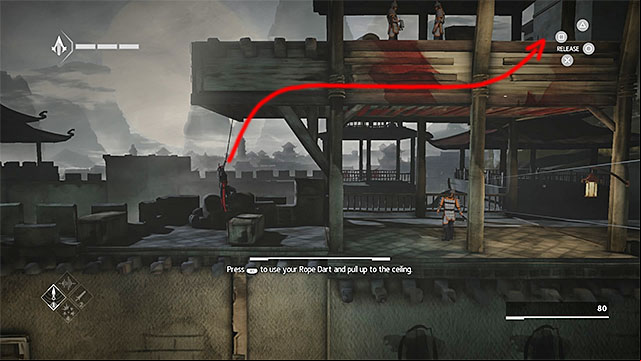 Hold to the ceiling when the guard will look right - The Slaver - walkthrough for sequence 4 - Walkthrough - Assassins Creed Chronicles: China - Game Guide and Walkthrough