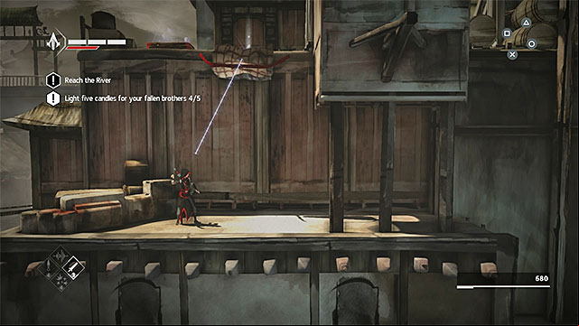 Unwrapping the ladder will allow you to reach the last candle and chest - The Search - walkthrough for sequence 6 - Walkthrough - Assassins Creed Chronicles: China - Game Guide and Walkthrough