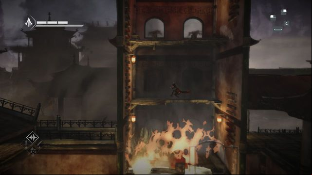 Jump between walls to the top of the tower - Demon Fire - walkthrough for sequence 10 - Walkthrough - Assassins Creed Chronicles: China - Game Guide and Walkthrough