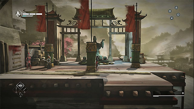 Sneak to the middle post and wait until enemies nearby - The Snake - walkthrough for sequence 7 - Walkthrough - Assassins Creed Chronicles: China - Game Guide and Walkthrough