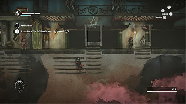 Use hideouts and interactive edges on the outside walls to avoid enemies - The Snake - walkthrough for sequence 7 - Walkthrough - Assassins Creed Chronicles: China - Game Guide and Walkthrough