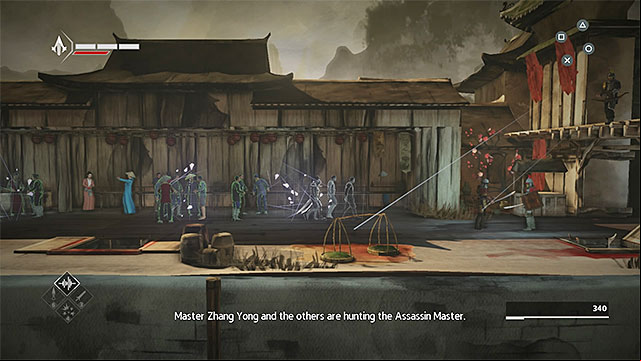 Hide in the crowd to by enemies at the gate - Hunted - walkthrough for sequence 8 - Walkthrough - Assassins Creed Chronicles: China - Game Guide and Walkthrough