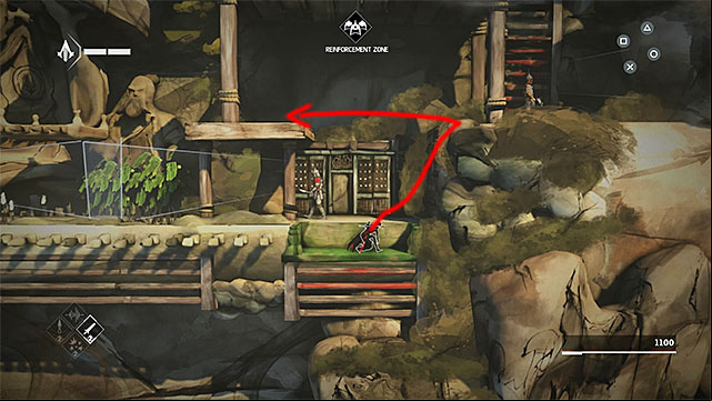 After climbing on the ledge with the guard quickly turn around and jump on the left platform - The Return - walkthrough for sequence 2 - Walkthrough - Assassins Creed Chronicles: China - Game Guide and Walkthrough