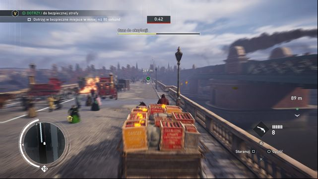 On the bridge, watch out not to get blocked by other carriages. - 03 - Operation Drive For Lives | Queen Victoria Memories - Queen Victoria Memories - Assassins Creed: Syndicate Game Guide & Walkthrough