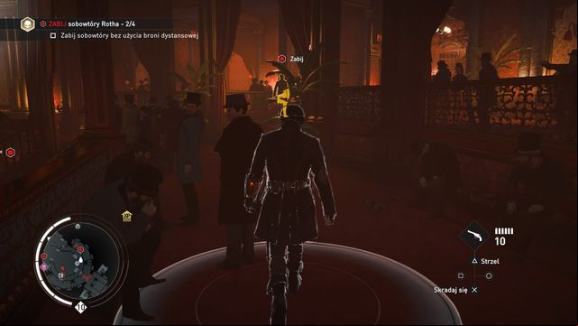 At the bottom, walk calmly to the impostor that is closer to the center of the theatre and stab him with the hidden blade from behind. - 04 - Final Act | Syndicate Sequence 8 Walkthrough - Sequence 8 - Assassins Creed: Syndicate Game Guide & Walkthrough