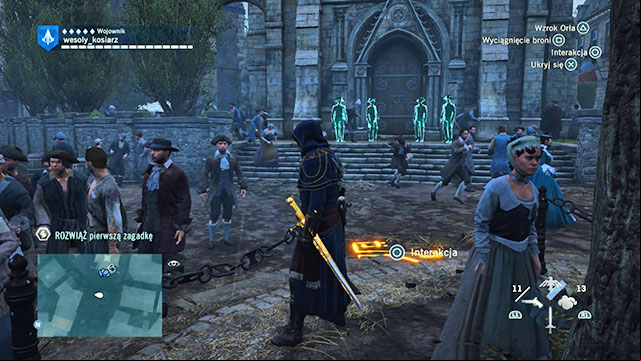 The first solution is in front of the church entrance, next to the tree there - Side quests | Marais map in AC Unity - Marais - Assassins Creed: Unity Game Guide & Walkthrough