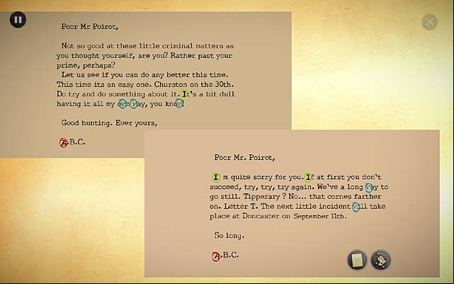 Click the letters on the desk and compare them just like before - underline a word in the one letter and then in the second - Compare the new letter with the other letters from ABC - Chapter three - Churston - Agatha Christie: The ABC Murders - Game Guide and Walkthrough