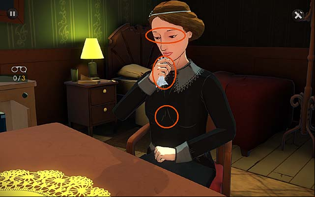 Pay closer attention to her lowered eyes, handkerchief and to modest black clothes - Question Mary Drower - Chapter one - Andover - Agatha Christie: The ABC Murders - Game Guide and Walkthrough