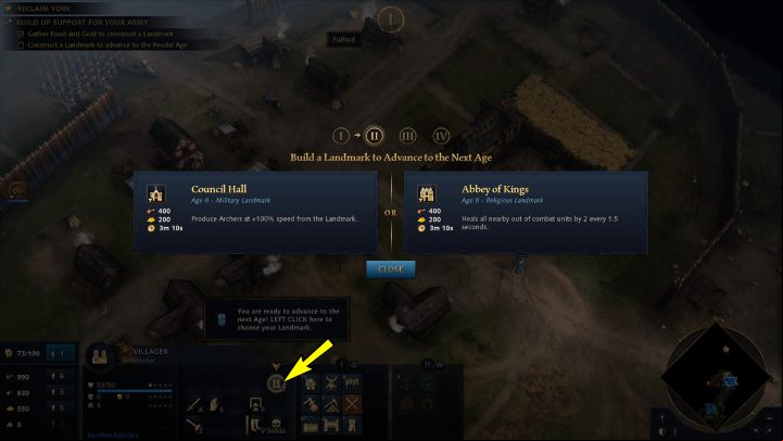 Collect 400 meat and 200 gold, select a settler, and place one of the buildings to advance to the next era - Age of Empires 4: North to York (The Normans) - walkthrough - The Normans - Age of Empires 4 Guide