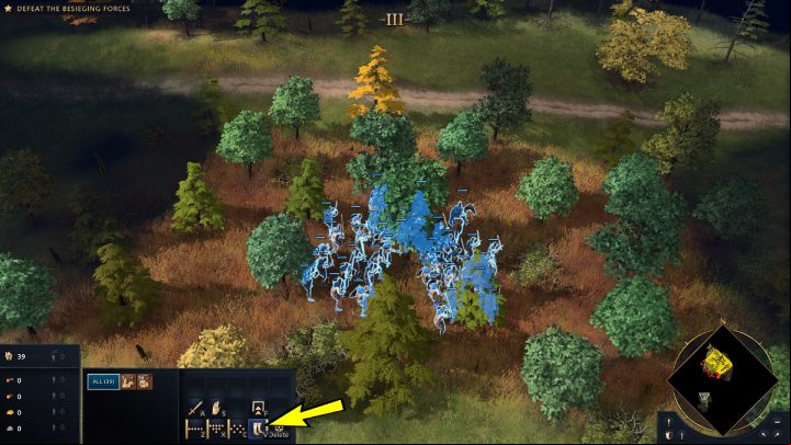 Select all your units and hide them between the trees - Age of Empires 4: First Battle of Lincoln (The Normans) - walkthrough - The Normans - Age of Empires 4 Guide