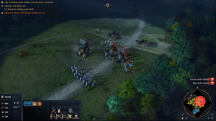 When the timer in the upper left corner of the screen reads 13 minutes and 15 seconds, the 1st enemy wave will march on Pontvallain - Age of Empires 4: The Battle of Pontvallain (The Hundred Years War) - walkthrough - The Hundred Years War - Age of Empires 4 Guide