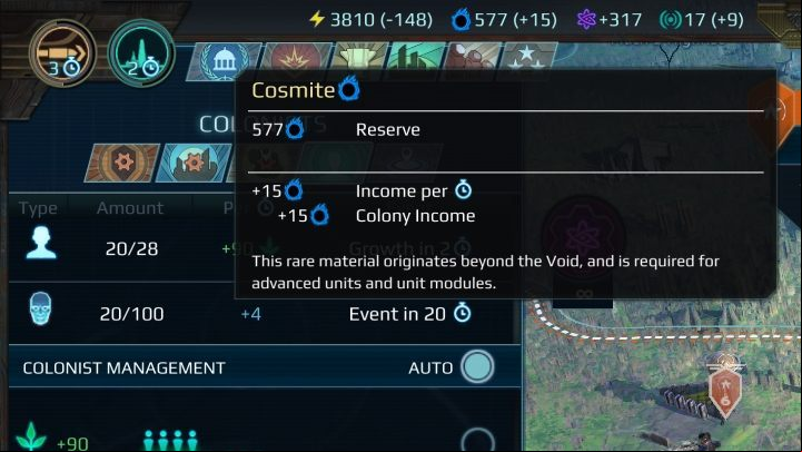 The amount of produced resources (Cosmite in this case) can be seen at the top of the screen. - Resources and their acquisition in Age of Wonders Planetfall - Gameplay mechanics - Age of Wonders Planetfall Guide