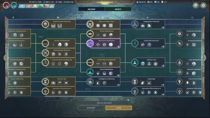 The society research window. - Research in Age of Wonders Planetfall - Gameplay mechanics - Age of Wonders Planetfall Guide