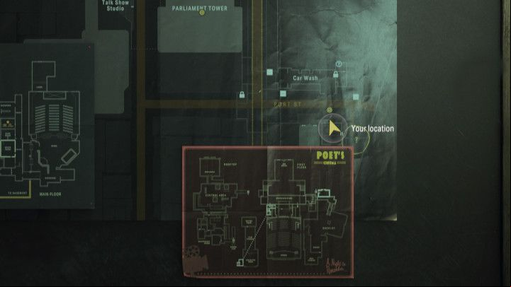 The last of the Echoes at the billboard is located opposite the cinema - Alan Wake 2: All Echoes - Alan - Initiation - Alan Wake - Alan Wake 2 Guide