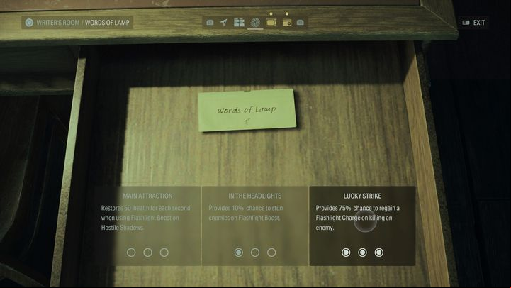 In the category related to Alan's flashlight, we recommend "Lucky Strike" - Alan Wake 2: Best Words of Power upgrades - Basics - Alan Wake 2 Guide