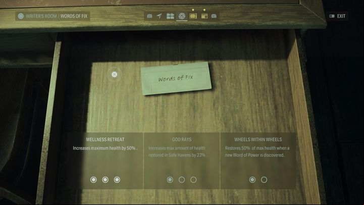 In the Word of Fix category, we especially recommend the "Wellness Retreat" perk which increases Alan's maximum health - Alan Wake 2: Best Words of Power upgrades - Basics - Alan Wake 2 Guide