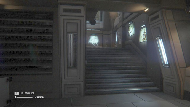 Once you hear what happened, backtrack to the corridor, and enter the staircase - Find a way to the Colonial Marshal Bureau - Walkthrough - Alien: Isolation - Game Guide and Walkthrough