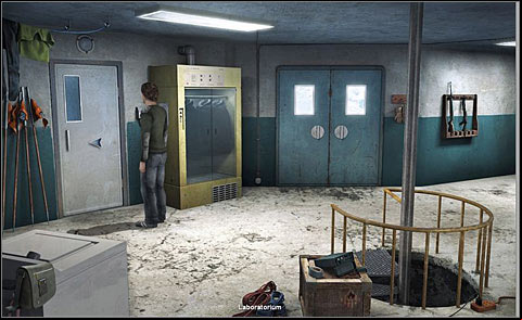After hearing the talk between Nova with technician Al Schaumann and chatting with her for a moment, go back to a corridor (cursor on the bottom of the screen) and finally go to the garage - Gather equipment for studying bears - Day 1 - Alpha Polaris - Game Guide and Walkthrough
