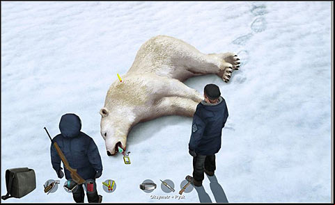 Use the oximeter in order to feel her pulse - put it to her open mouth and then click it (RMB) - Stun the bear and perform standard actions - Day 1 - Alpha Polaris - Game Guide and Walkthrough