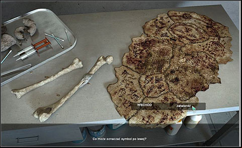Go to the lab and again take a look at the hide, specifically three cartouche symbols - Examine bones left in the hood - Day 2 - Alpha Polaris - Game Guide and Walkthrough